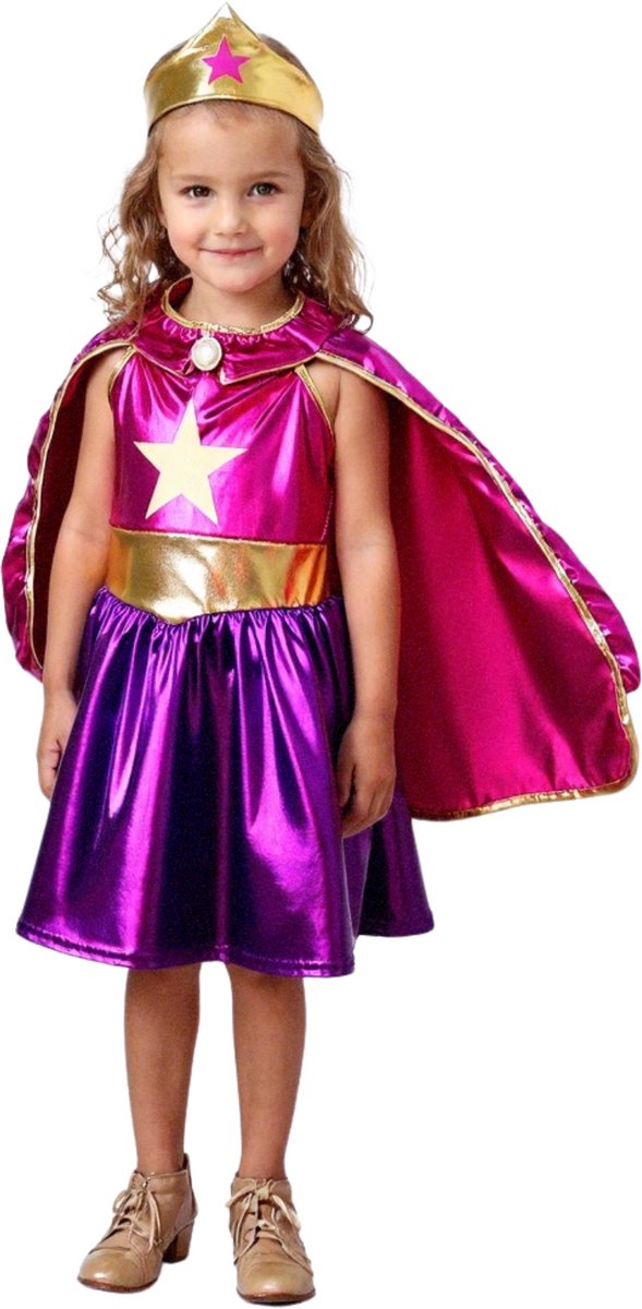 Joya Kids® Metallic Verkleedjurk met cape en kroon Roze & Paars | Prinsessencape | Cape Set | Superheldin Ster jurk met cape | Super Woman Jurk | Prinses | Meisje Verkleedset | Carnvalskleding Meisjes | Met Kroon & cape | Maat 110